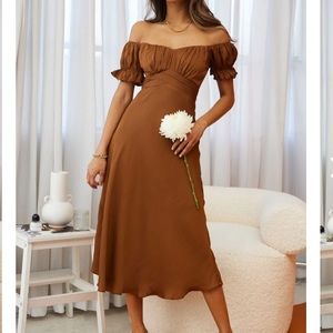 LINKA OFF-SHOULDER TIE
BACK MIDI DRESS CHOCOLATE